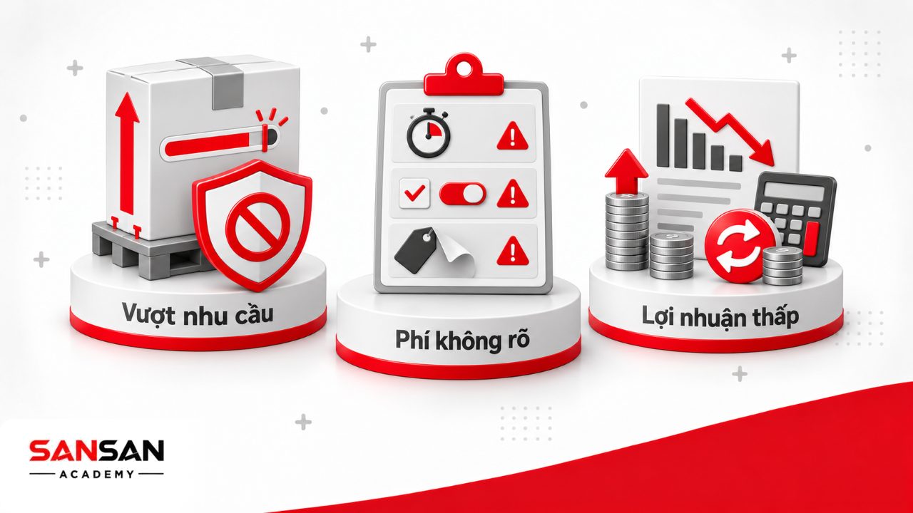 Minh họa những sai lầm khi upsell gồm đề xuất vượt nhu cầu, giấu phí, tạo áp lực và chỉ nhìn doanh thu mà bỏ qua lợi nhuận.