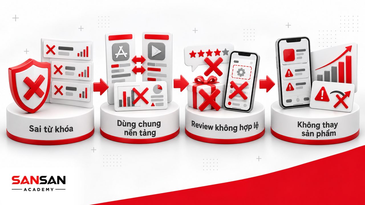 Sai lầm ASO gồm chọn từ khóa không phù hợp, dùng chung metadata và KPI cho hai cửa hàng, mua review và kỳ vọng ASO thay thế chất lượng sản phẩm.
