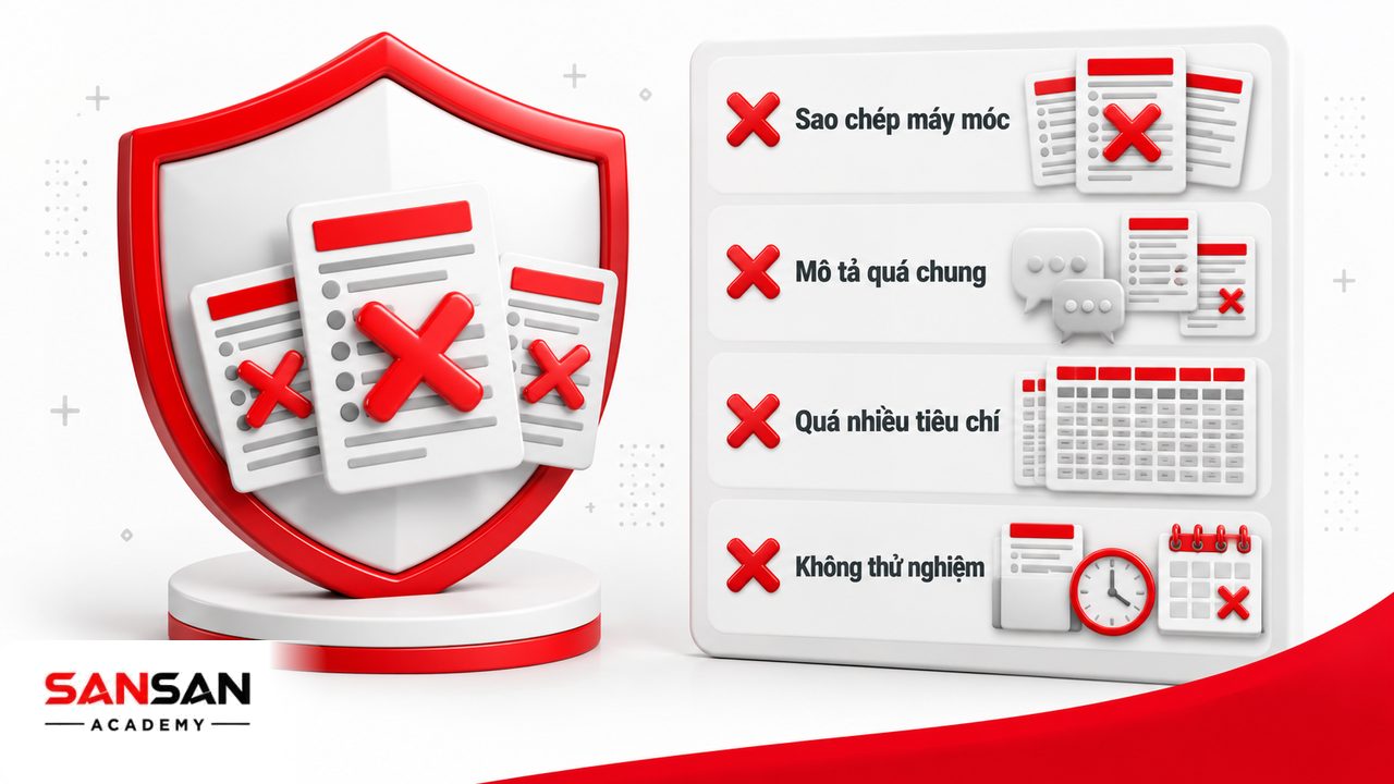 Sai lầm khi xây dựng khung năng lực gồm sao chép mẫu, mô tả chung chung, quá nhiều tiêu chí cấp độ và không thử nghiệm cập nhật.