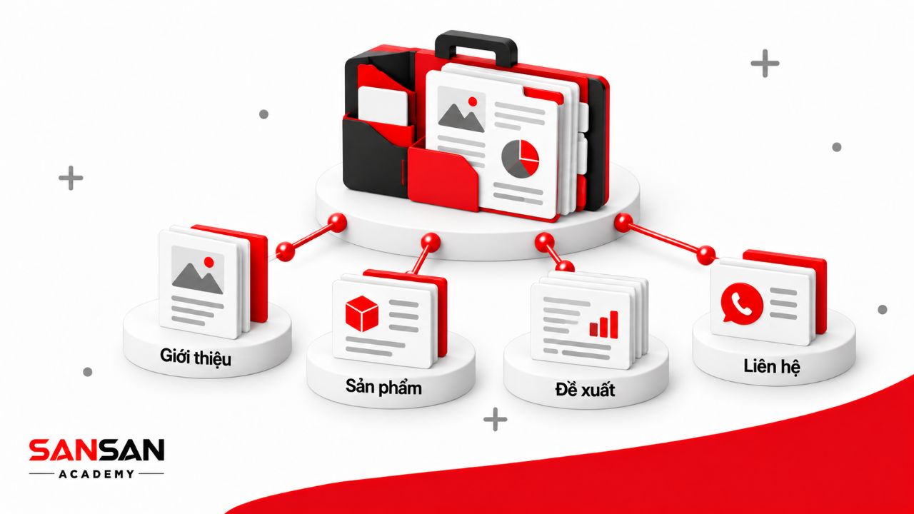 Bộ salekit kết hợp tài liệu giới thiệu, sản phẩm, đề xuất và thông tin liên hệ phục vụ tư vấn bán hàng