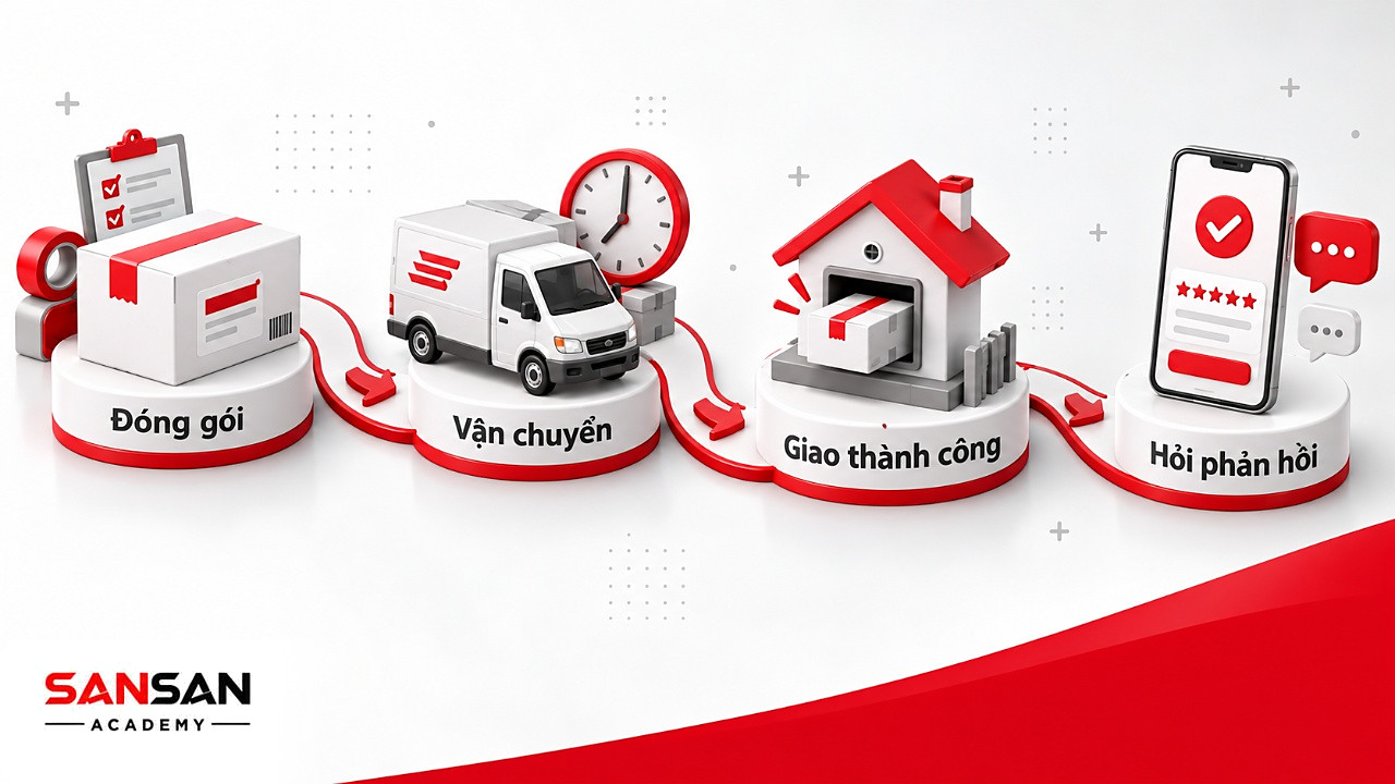 Con đường từ hộp mẫu niêm phong, xe giao hàng, hộp thư hình ngôi nhà đến điện thoại báo giao thành công