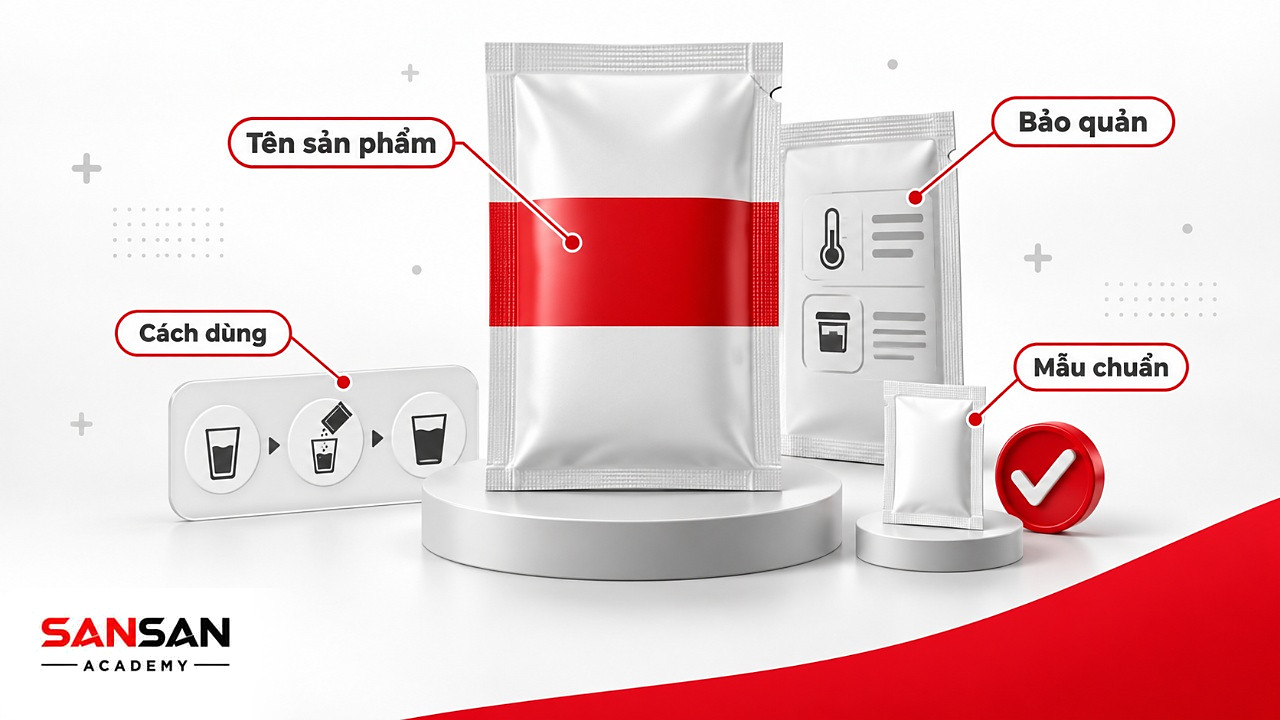 Gói sampling lớn có rãnh xé, tên sản phẩm, hướng dẫn dùng, thông tin bảo quản và mẫu chuẩn đã duyệt bên cạnh