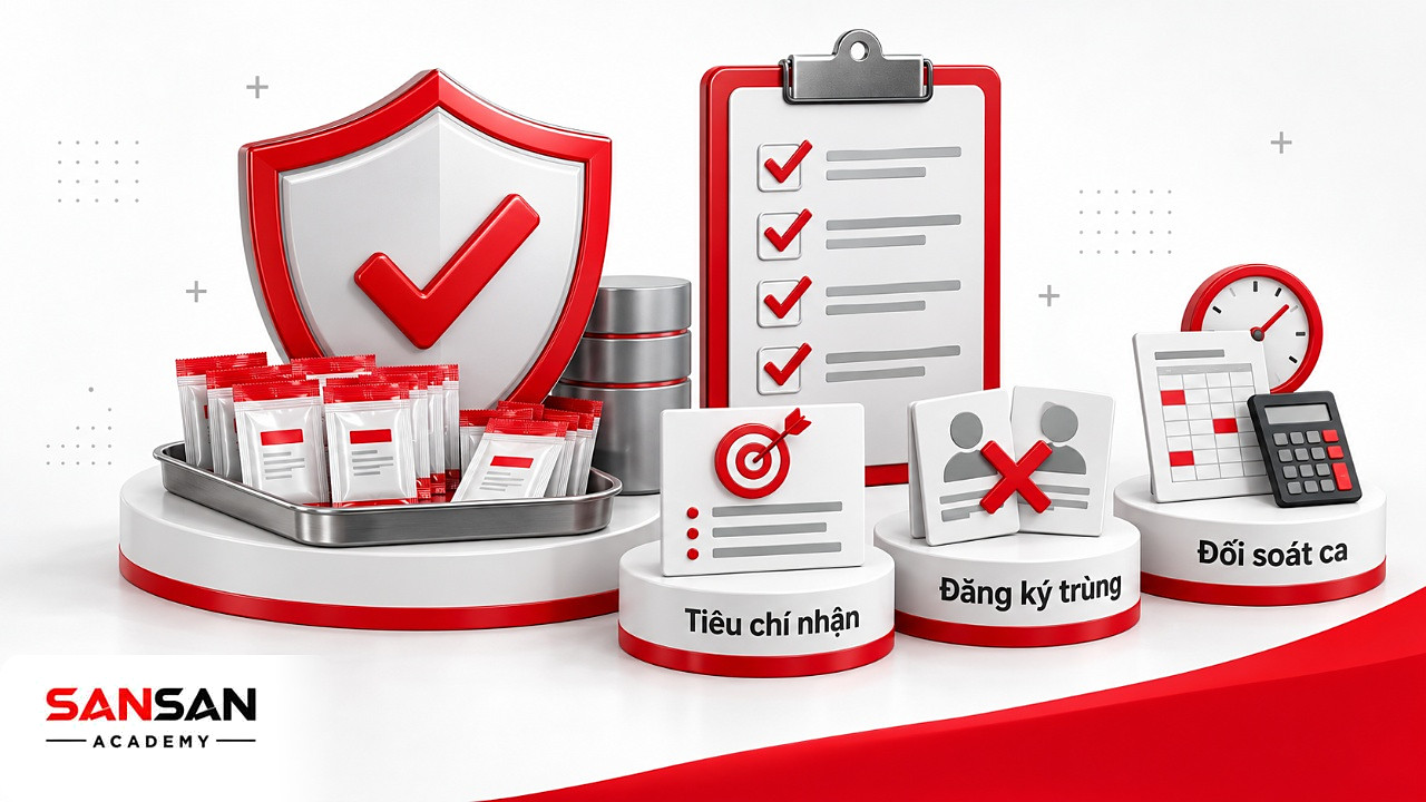Khiên đỏ trắng bảo vệ khay mẫu sampling cạnh bảng kiểm tiêu chí, hồ sơ đăng ký trùng gạch chéo và sổ đối soát