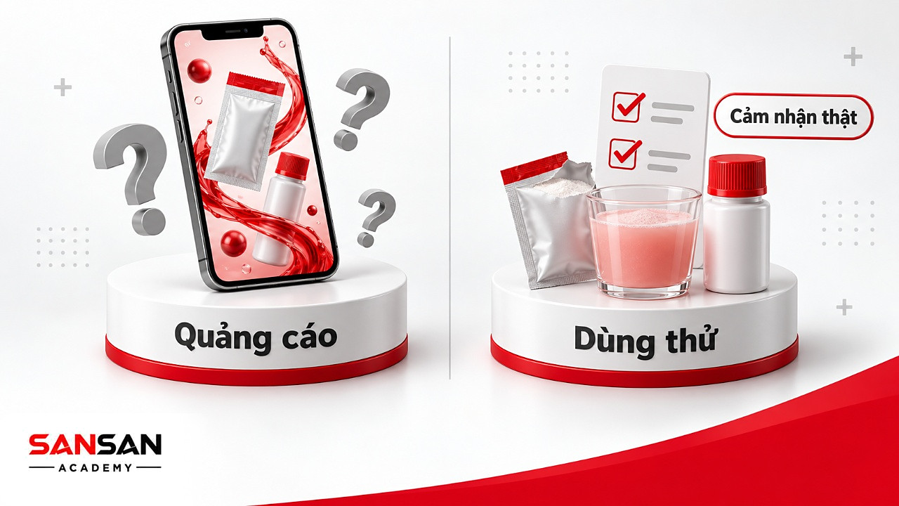 Điện thoại chiếu quảng cáo kèm dấu hỏi, bên cạnh cốc mẫu và gói sampling mở trên bàn nhà cùng bảng kiểm cảm nhận