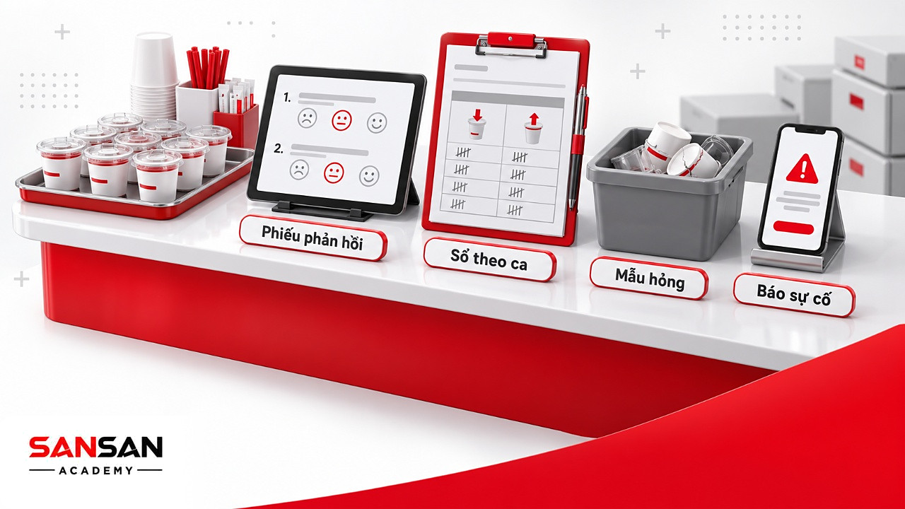 Quầy sampling có khay mẫu, máy tính bảng phiếu phản hồi, sổ theo ca, thùng mẫu hỏng và điện thoại báo sự cố