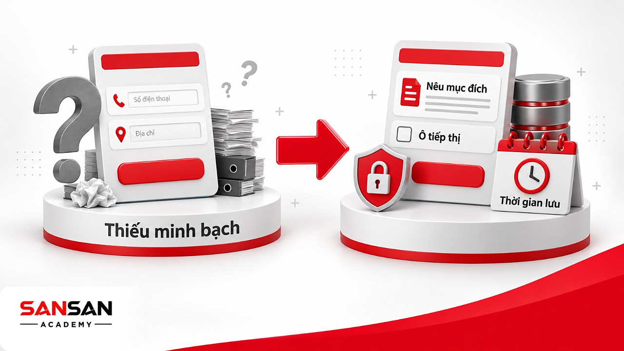 Bên trước biểu mẫu chỉ hỏi số điện thoại, bên sau biểu mẫu sampling ghi mục đích, ô tiếp thị riêng và ổ khóa