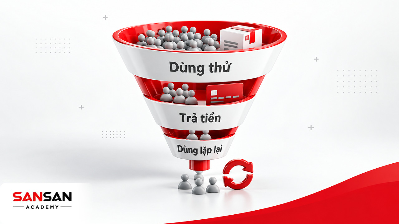 Phễu thử nghiệm giải pháp mới từ người dùng thử, người trả tiền tới người dùng lặp lại trước sản phẩm thay thế