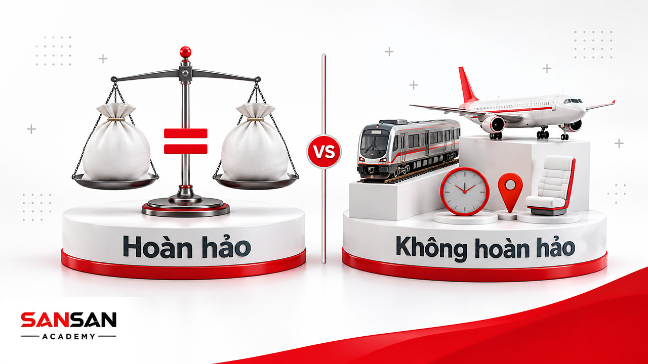 So sánh sản phẩm thay thế hoàn hảo với hai bao vật tư như nhau và không hoàn hảo với tàu hỏa cạnh máy bay