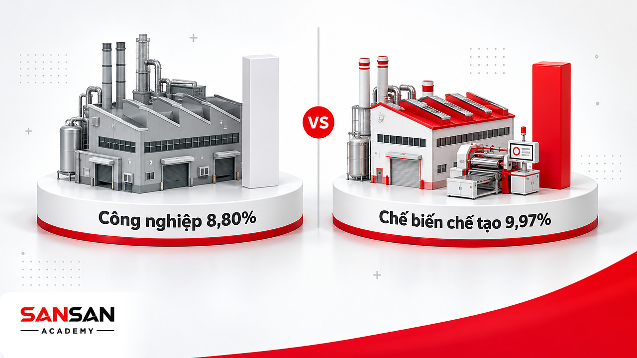 So sánh mức tăng 8,80% của toàn ngành công nghiệp với 9,97% của sản xuất chế biến chế tạo