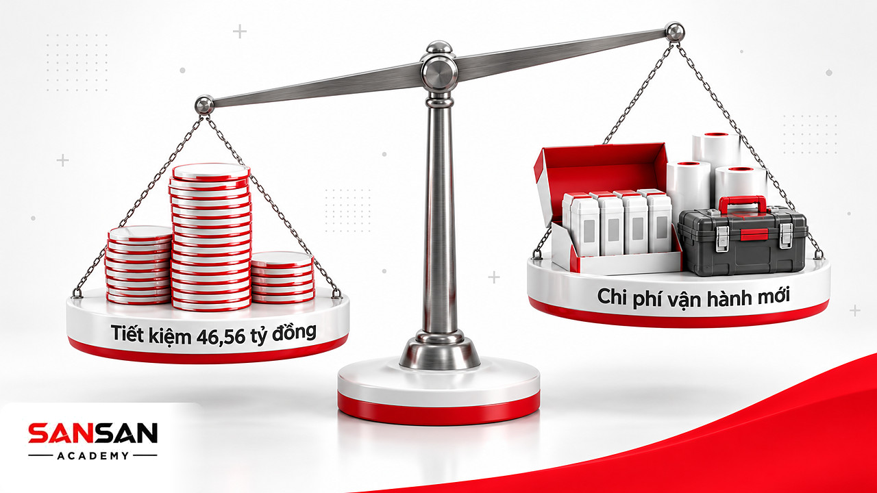 Cán cân giữa chồng xu tiết kiệm và hộp vật tư, hộp đồ bảo trì, cách tính hiệu quả tài chính của sản xuất xanh