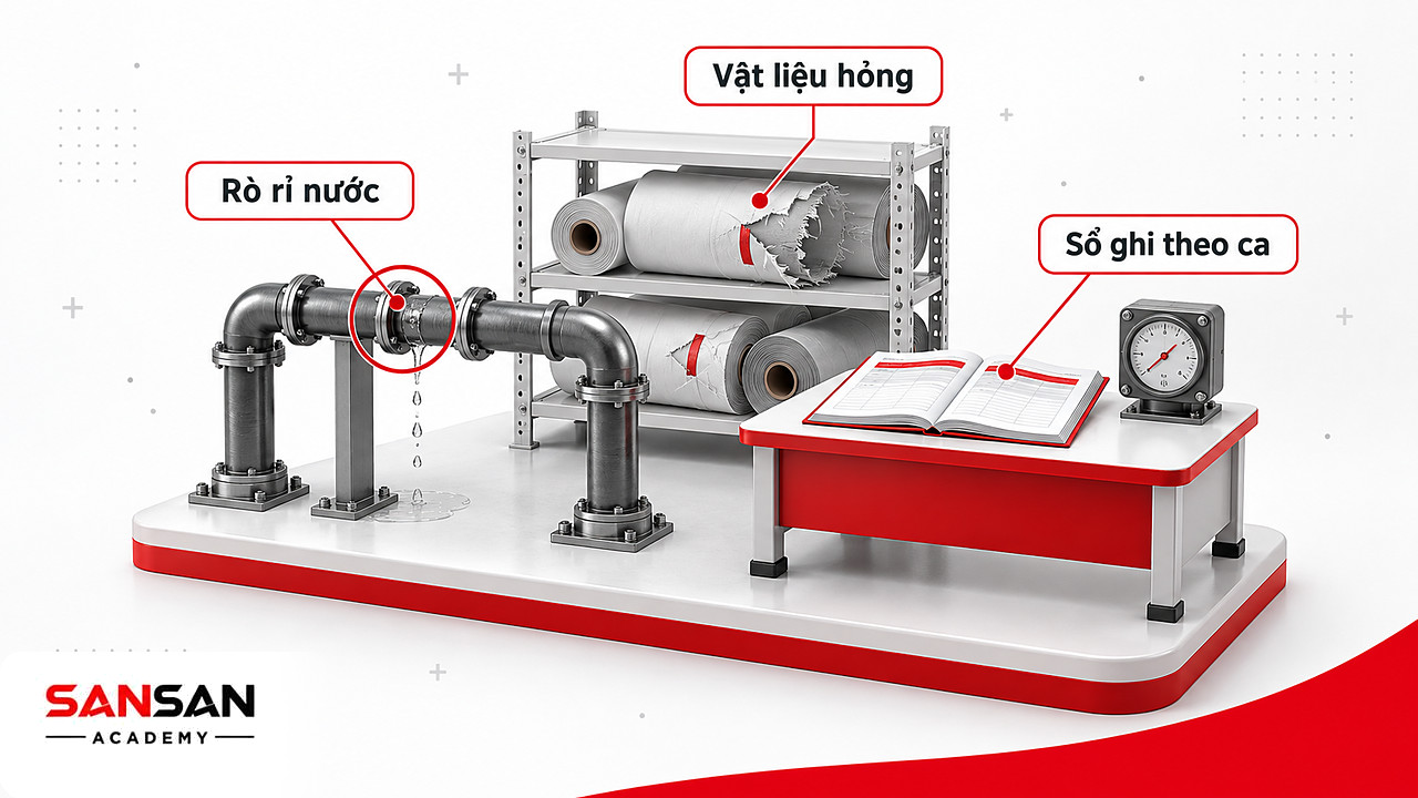 Góc xưởng nhỏ với ống nước rò, kệ vật liệu hỏng và sổ ghi theo ca, điểm khởi đầu sản xuất xanh cho doanh nghiệp vừa
