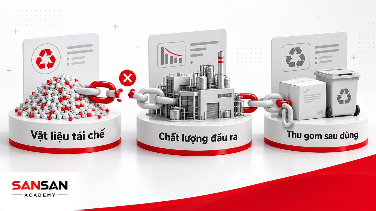 Chuỗi mắt xích từ hạt nhựa tái chế tới thùng thu gom bị nứt đỏ ở hai đầu, khó khăn phối hợp trong sản xuất xanh