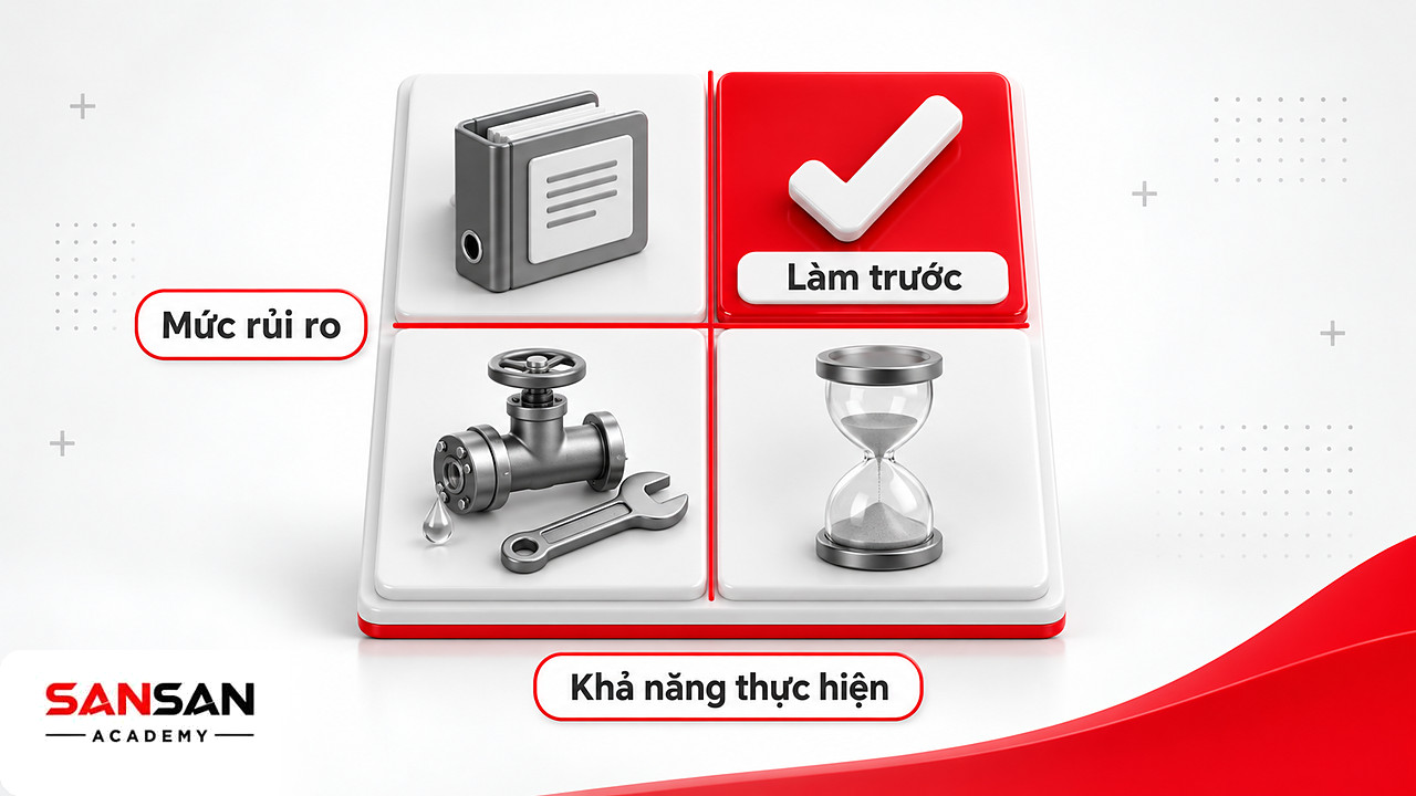 Ma trận hai trục rủi ro và khả năng thực hiện chia bốn ô hạng mục khi lập mục tiêu sản xuất xanh