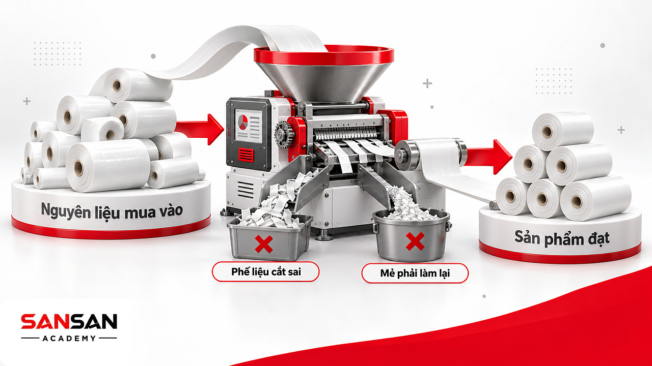 Phễu cho thấy nguyên liệu hao qua phế liệu cắt sai và mẻ làm lại trước khi thành sản phẩm đạt trong sản xuất xanh