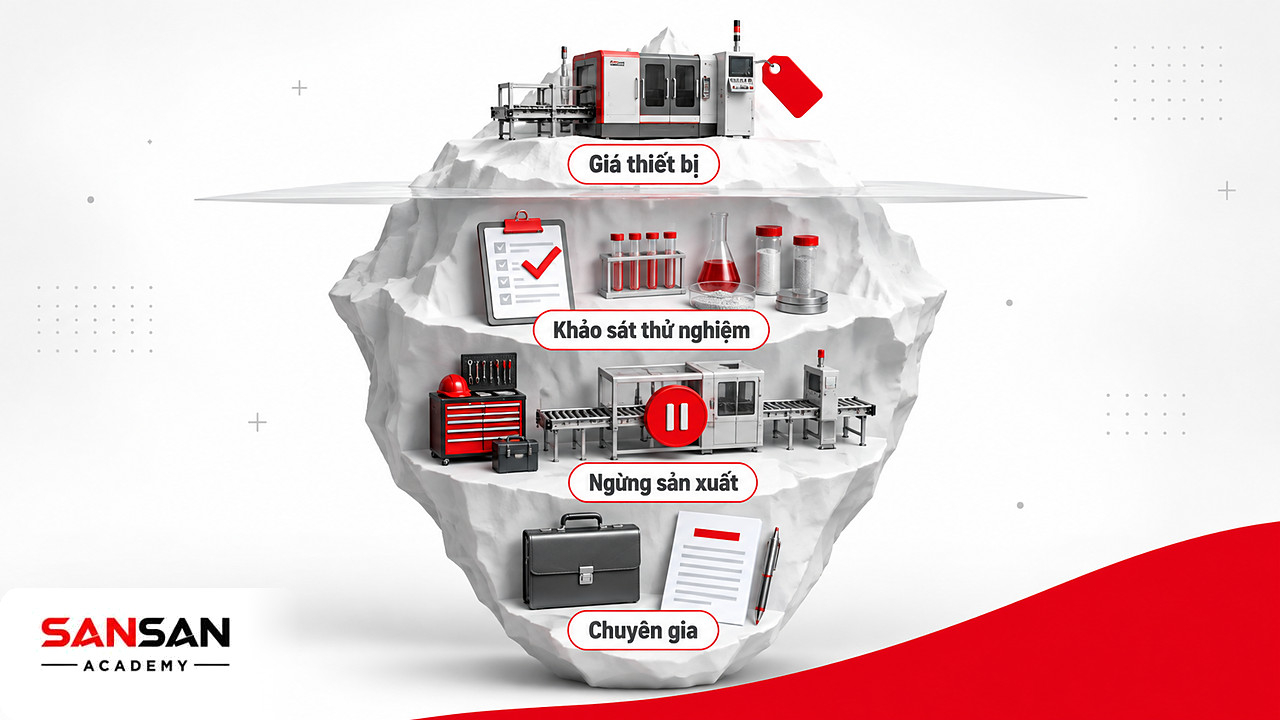 Tảng băng với giá máy mới ở trên, khảo sát, lắp đặt, ngừng máy và chuyên gia ở dưới, chi phí thật của sản xuất xanh