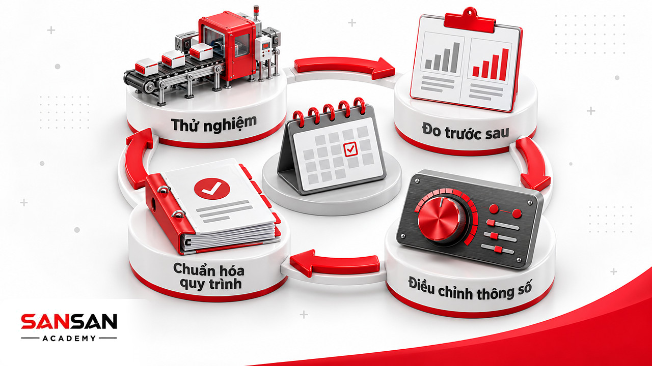 Vòng tròn thử nghiệm, đo trước sau, chỉnh thông số và chuẩn hóa quy trình khi mở rộng sản xuất xanh