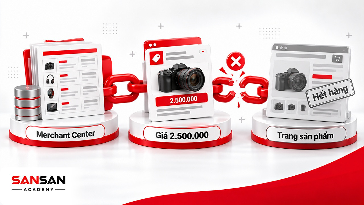 Chuỗi đứt gãy giữa quảng cáo mua sắm SEM giá 2.500.000 đồng và trang sản phẩm đã đổi giá, hết hàng
