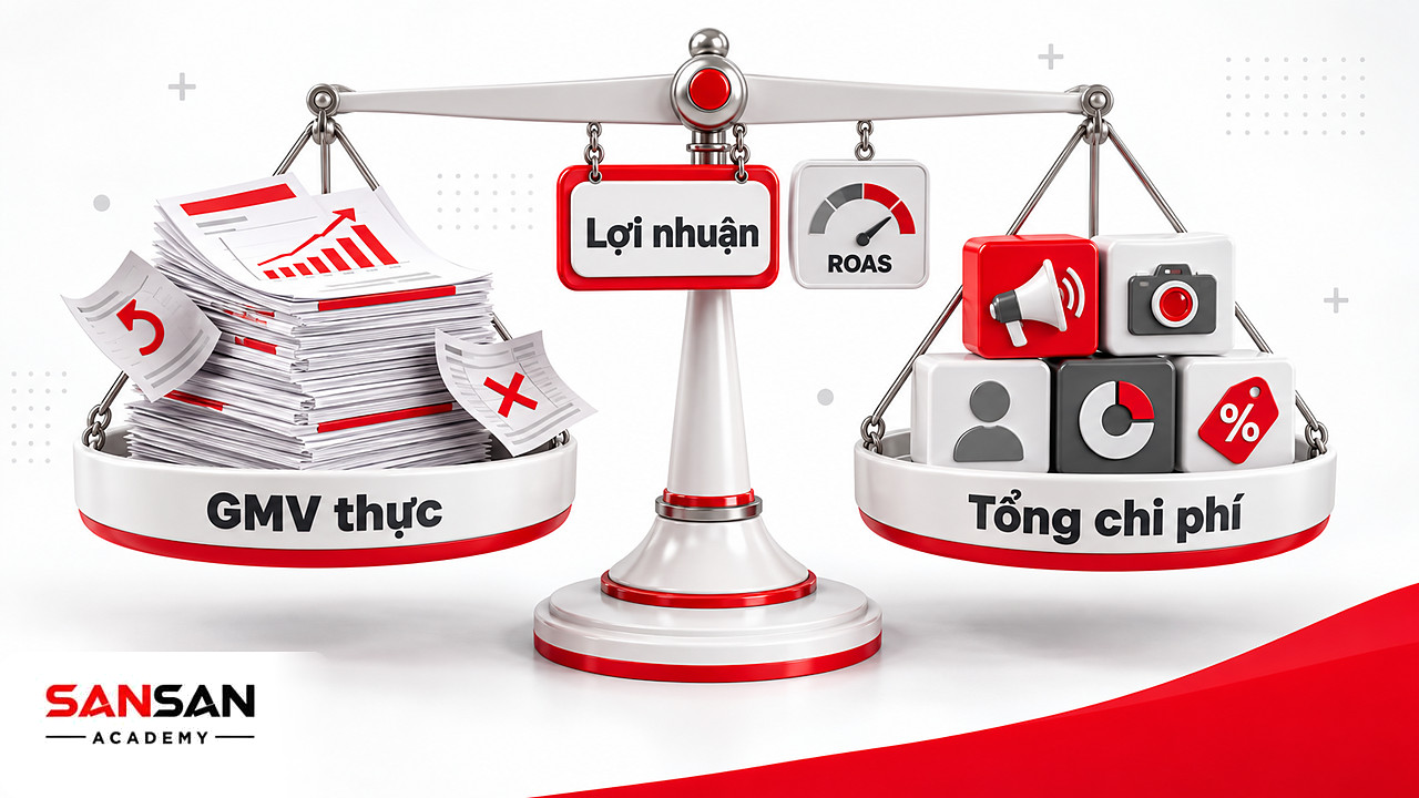 Cán cân đặt GMV sau hoàn hủy đối diện chi phí quảng cáo, nhà sáng tạo, hoa hồng để tính lợi nhuận chiến dịch