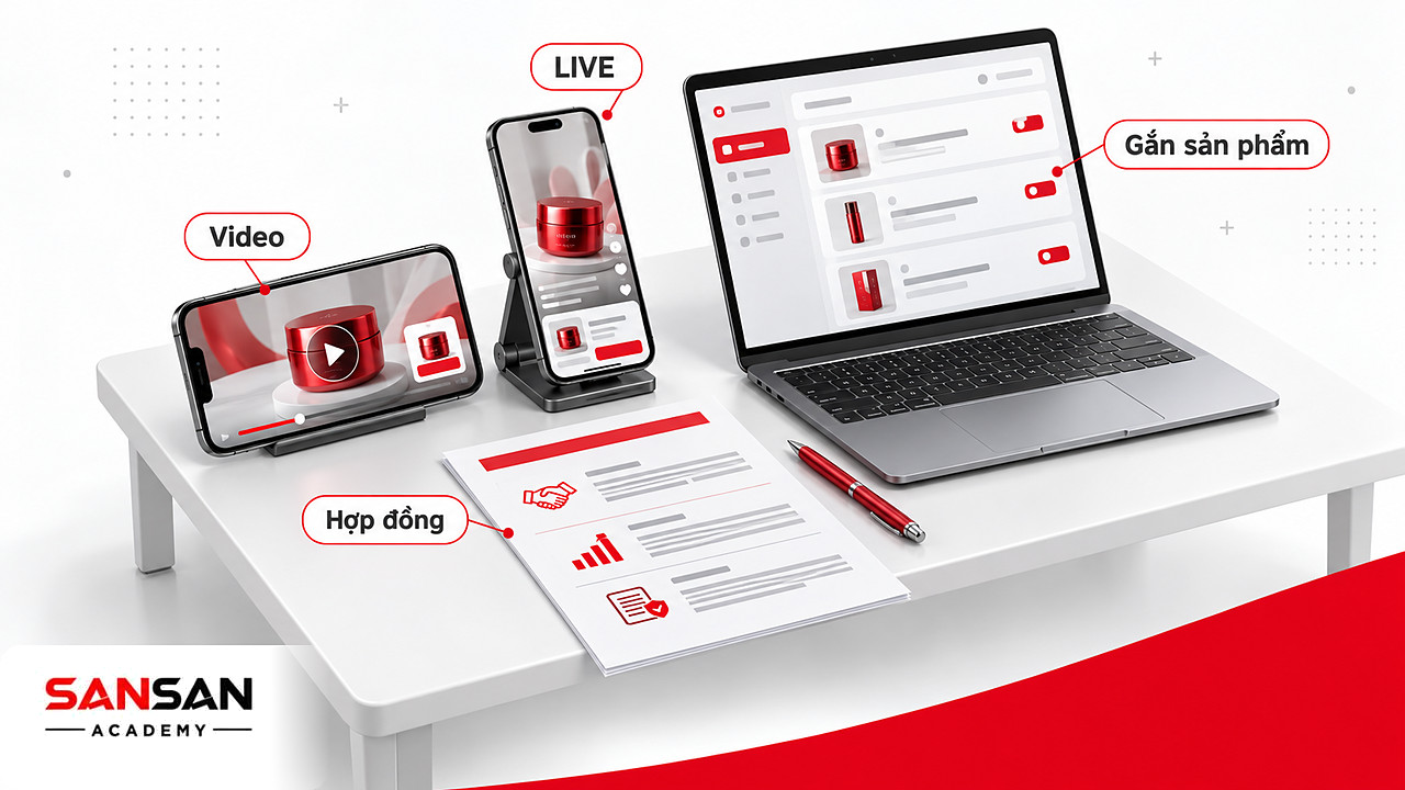 Góc shoppertainment trên TikTok với video và LIVE gắn sản phẩm, laptop quản lý gian hàng và hợp đồng nhà sáng tạo