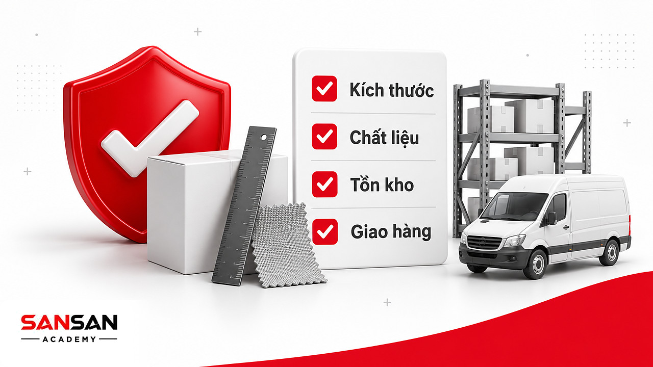 Khiên đỏ cạnh danh sách kiểm tra kích thước, chất liệu, tồn kho và thời gian giao hàng khi bán