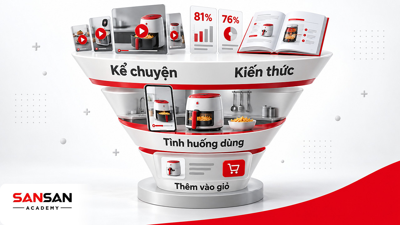 Phễu nội dung shoppertainment từ video kể chuyện, kiến thức đến tình huống dùng và nút thêm sản phẩm vào giỏ