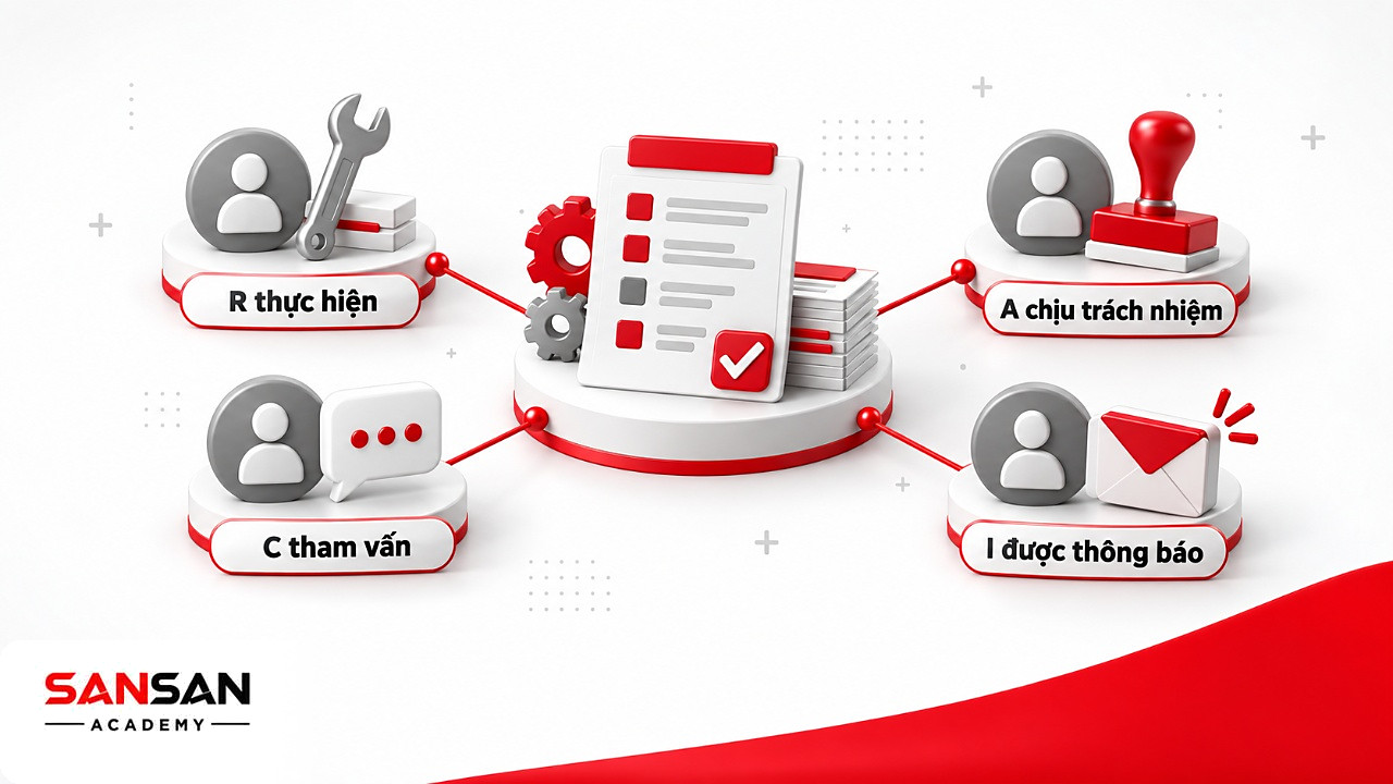 Sơ đồ bốn vai trò RACI quanh một nhiệm vụ: thực hiện, chịu trách nhiệm, tham vấn và được thông báo