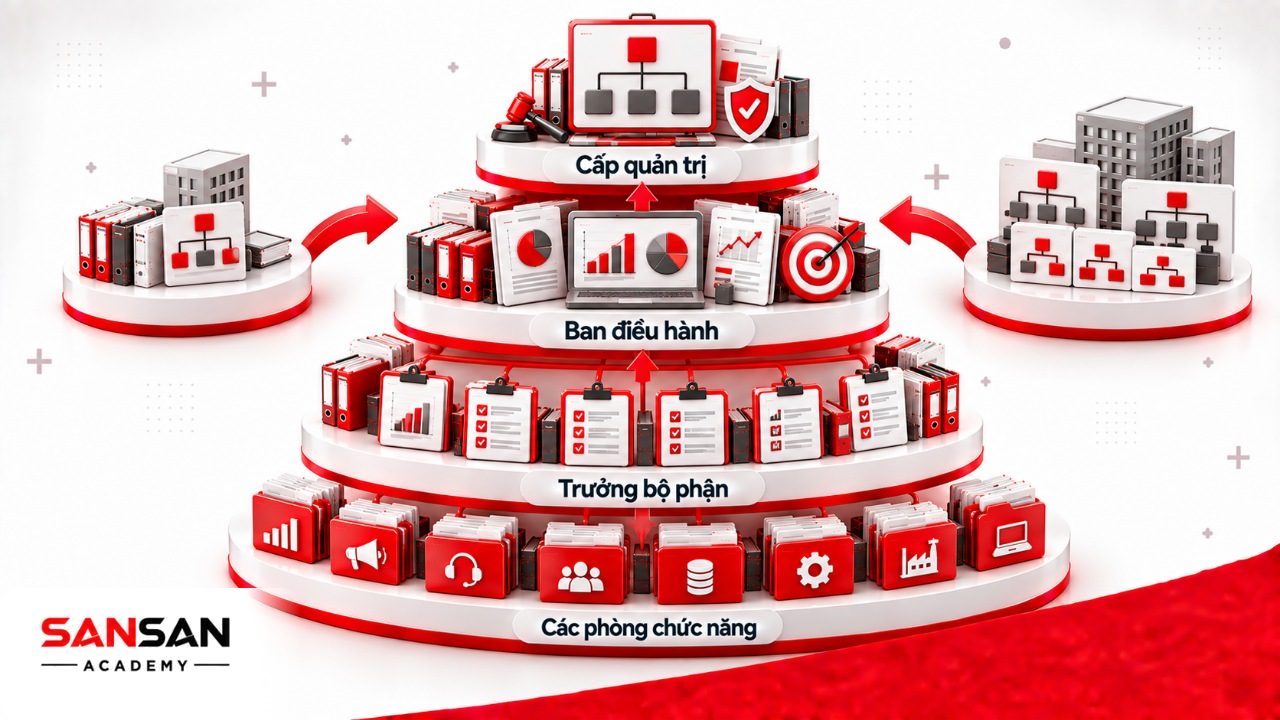 Sơ đồ phòng ban trong công ty theo cấp quản trị, ban điều hành, trưởng bộ phận và các phòng chức năng.