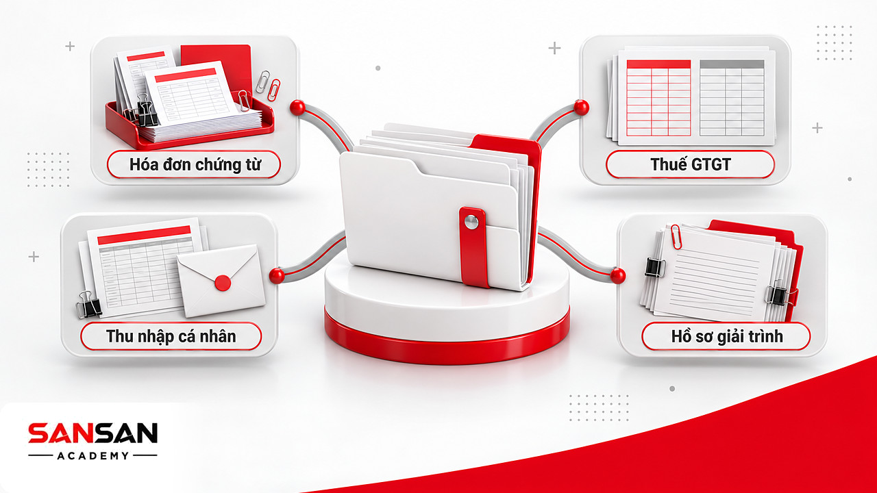 Sơ đồ tư duy các mảng việc của kế toán thuế gồm hóa đơn chứng từ, thuế GTGT, thu nhập cá nhân và giải trình