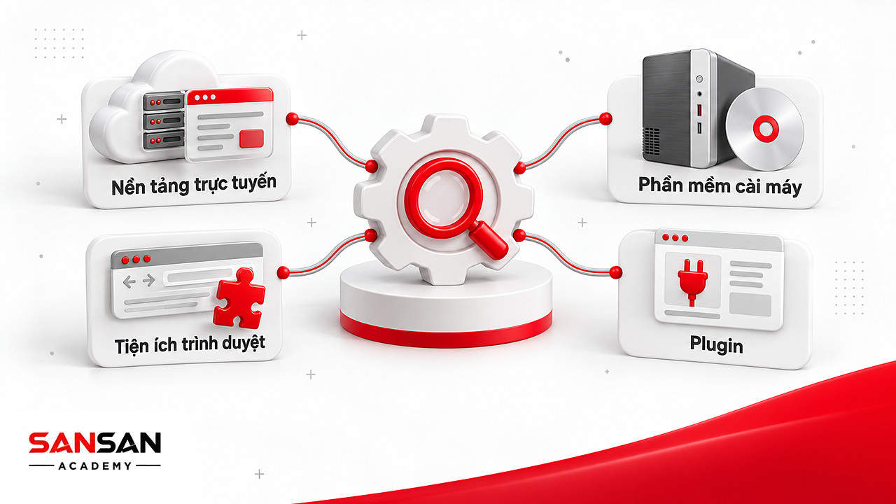 Sơ đồ bốn hình thức phần mềm SEO: nền tảng trực tuyến, cài trên máy, tiện ích trình duyệt và plugin