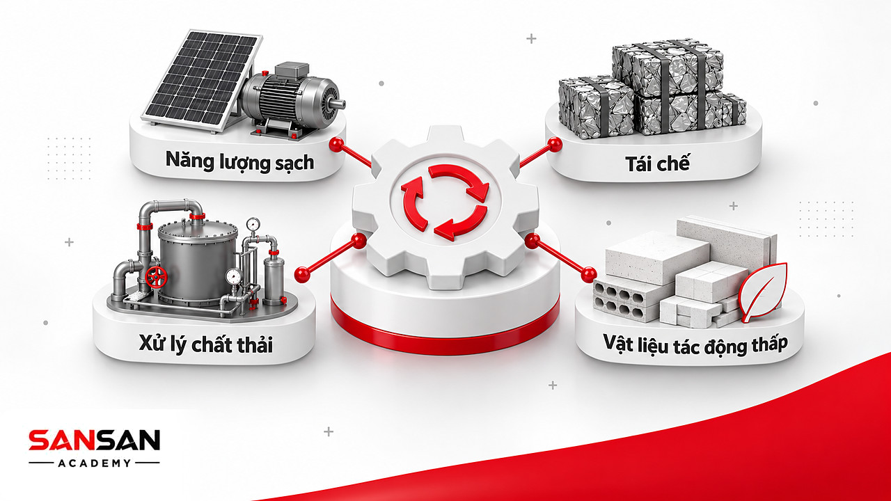 Sơ đồ tư duy bốn lĩnh vực công nghiệp xanh: năng lượng sạch, tái chế, xử lý chất thải và vật liệu