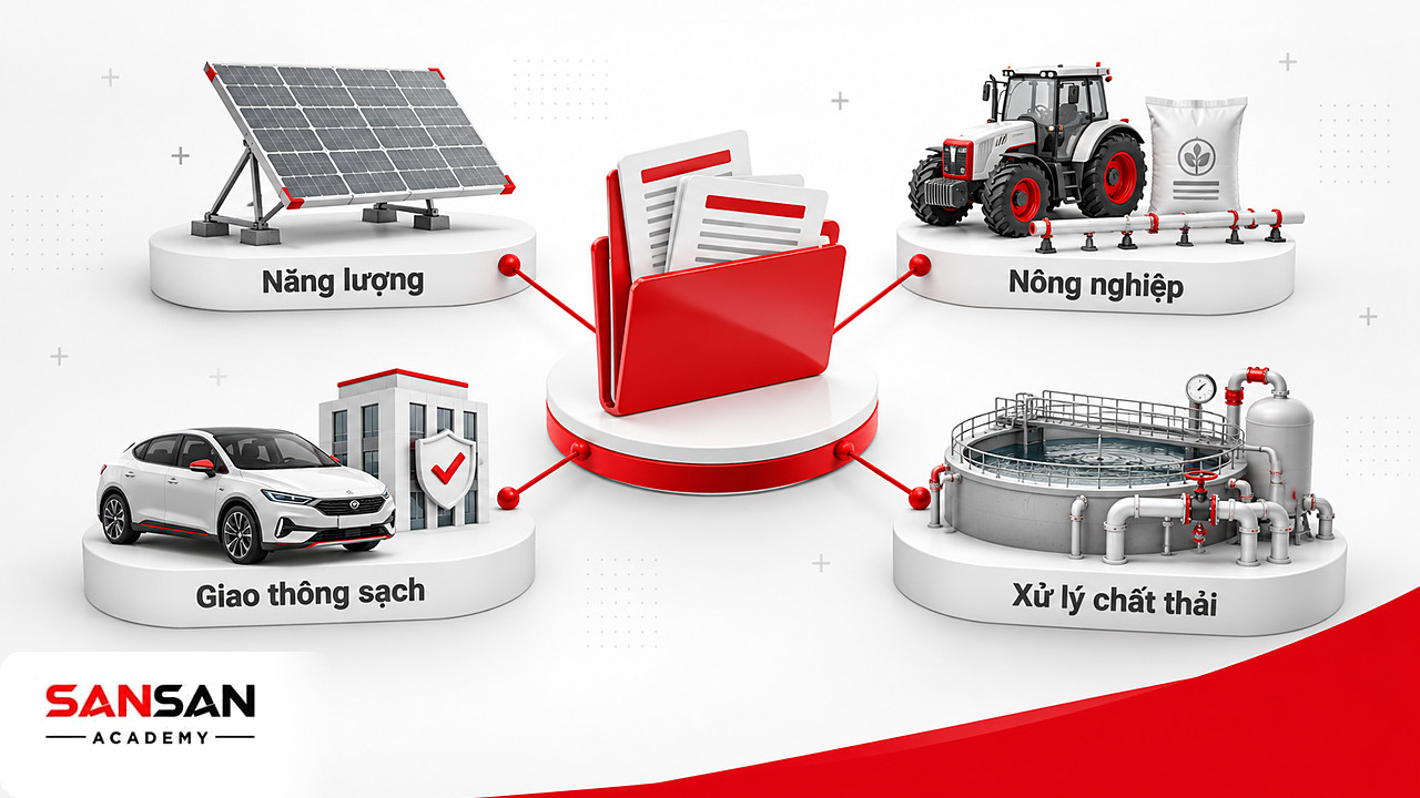 Sơ đồ tư duy bốn lĩnh vực năng lượng, nông nghiệp, giao thông sạch và xử lý chất thải của tín dụng xanh