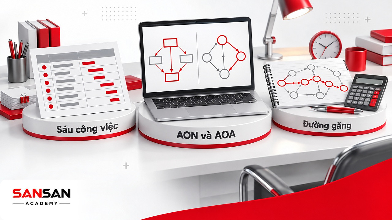 Bàn làm việc với bảng sáu công việc, laptop vẽ sơ đồ PERT dạng AON, AOA và sổ tính đường găng