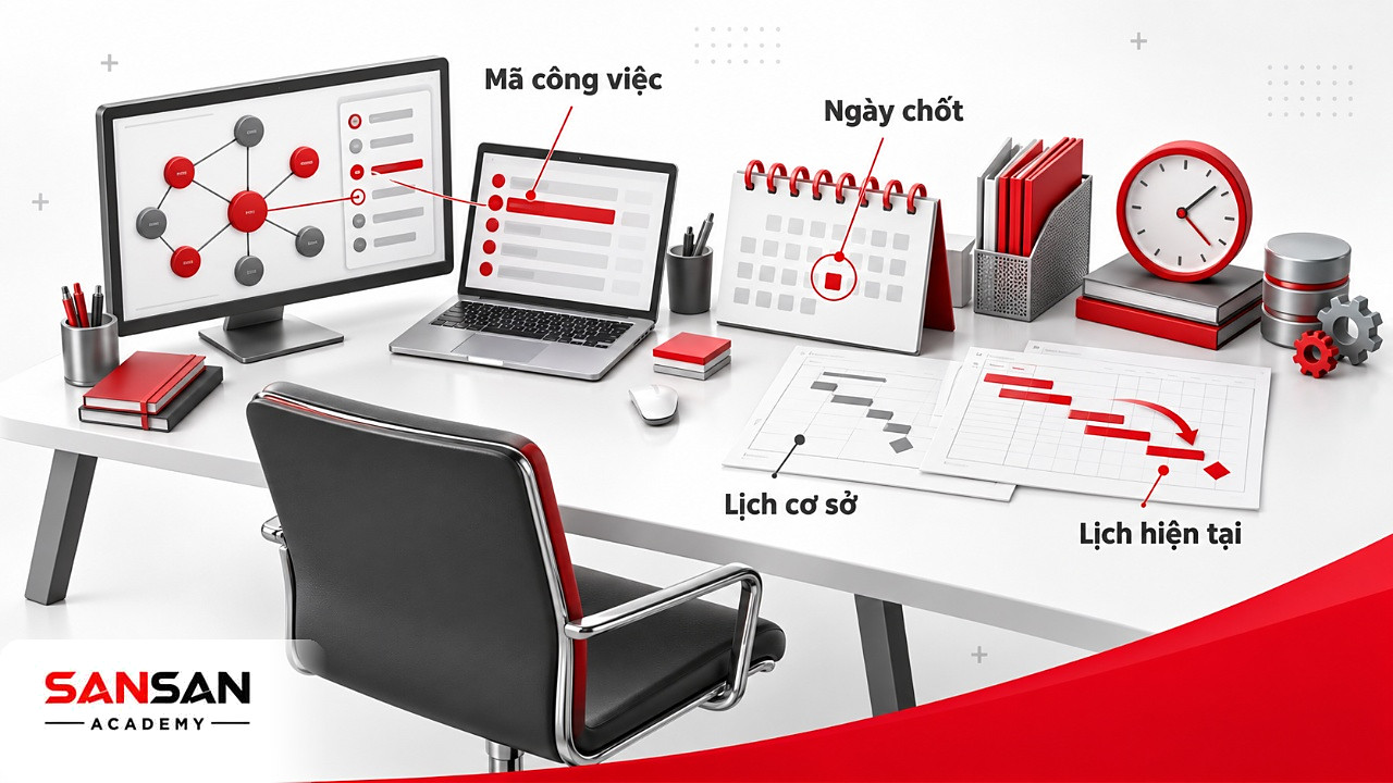 Bàn làm việc nối sơ đồ PERT với danh sách nhiệm vụ cùng mã, lịch ngày chốt và hai bản lịch để đối chiếu