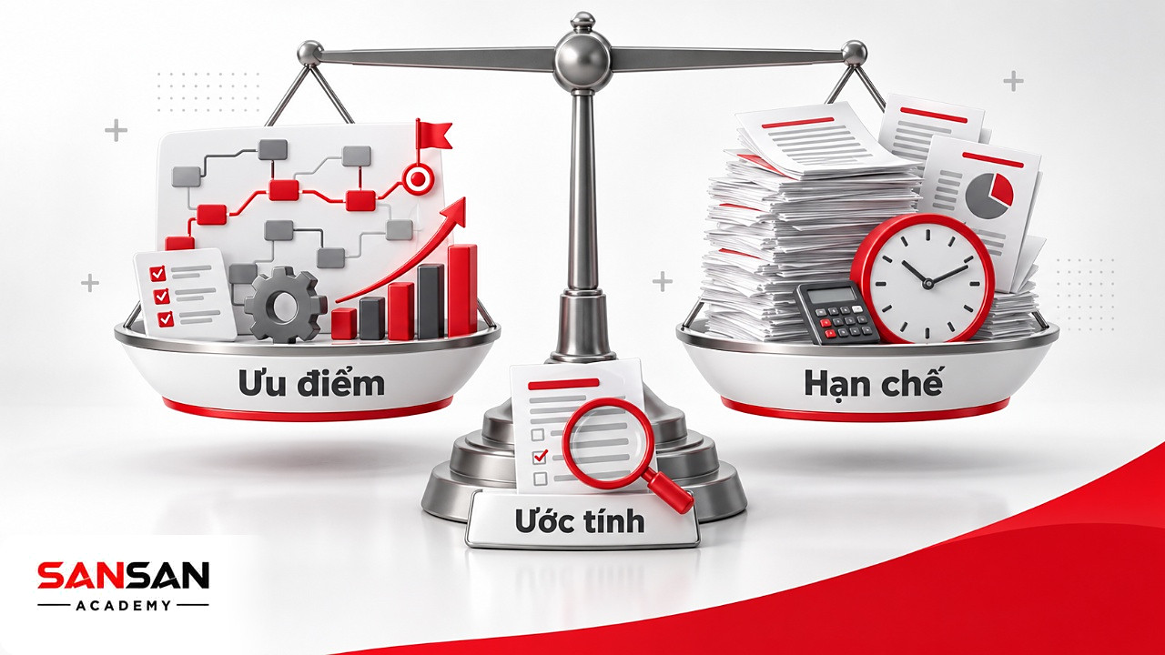 Cán cân ưu điểm và hạn chế của sơ đồ PERT, một bên đường găng, một bên chồng phiếu ước tính và đồng hồ