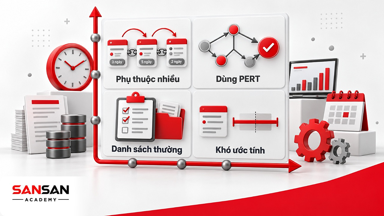Ma trận 2×2 theo mức phụ thuộc và độ bất định thời lượng, ô trên phải là trường hợp nên dùng sơ đồ PERT