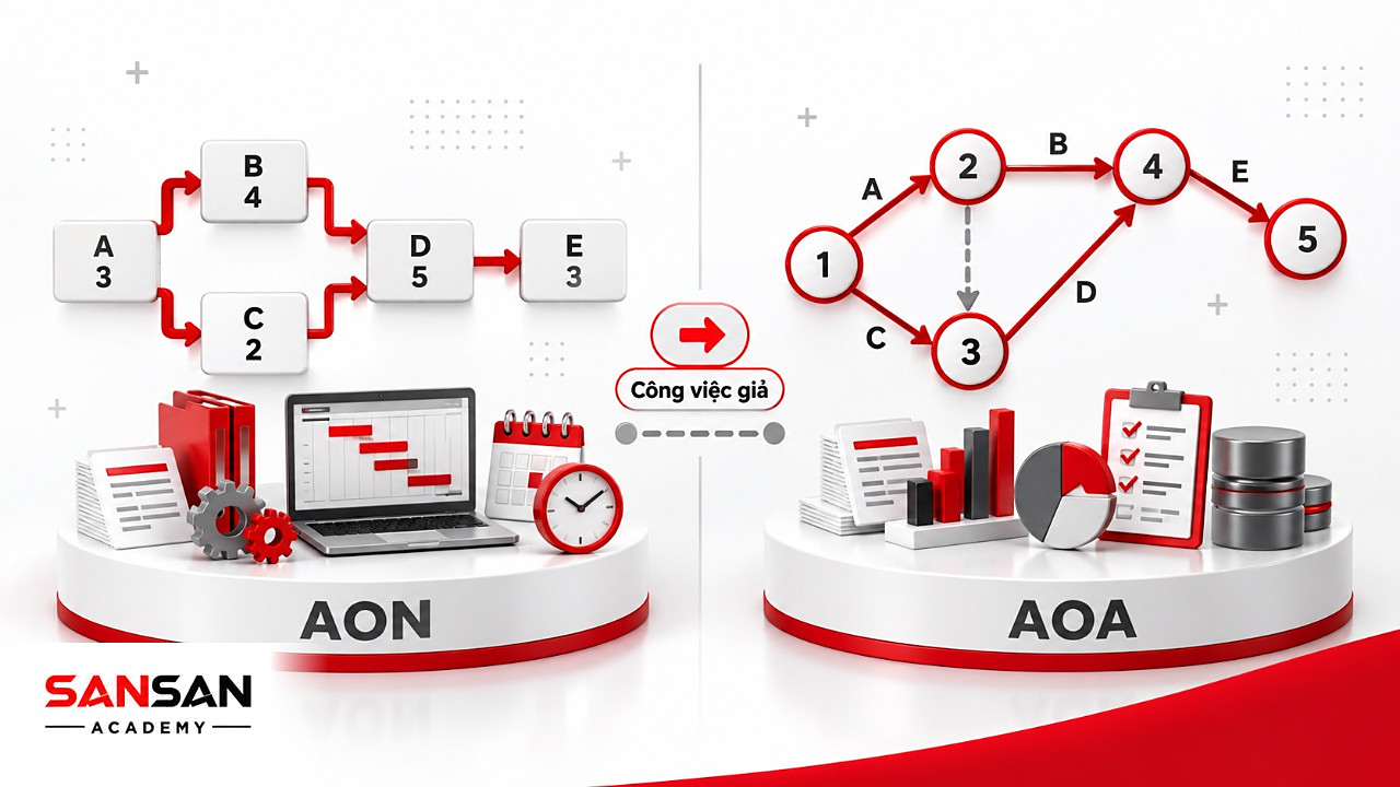 So sánh sơ đồ PERT dạng AON đặt công việc trên nút và dạng AOA đặt công việc trên mũi tên, có mũi tên giả