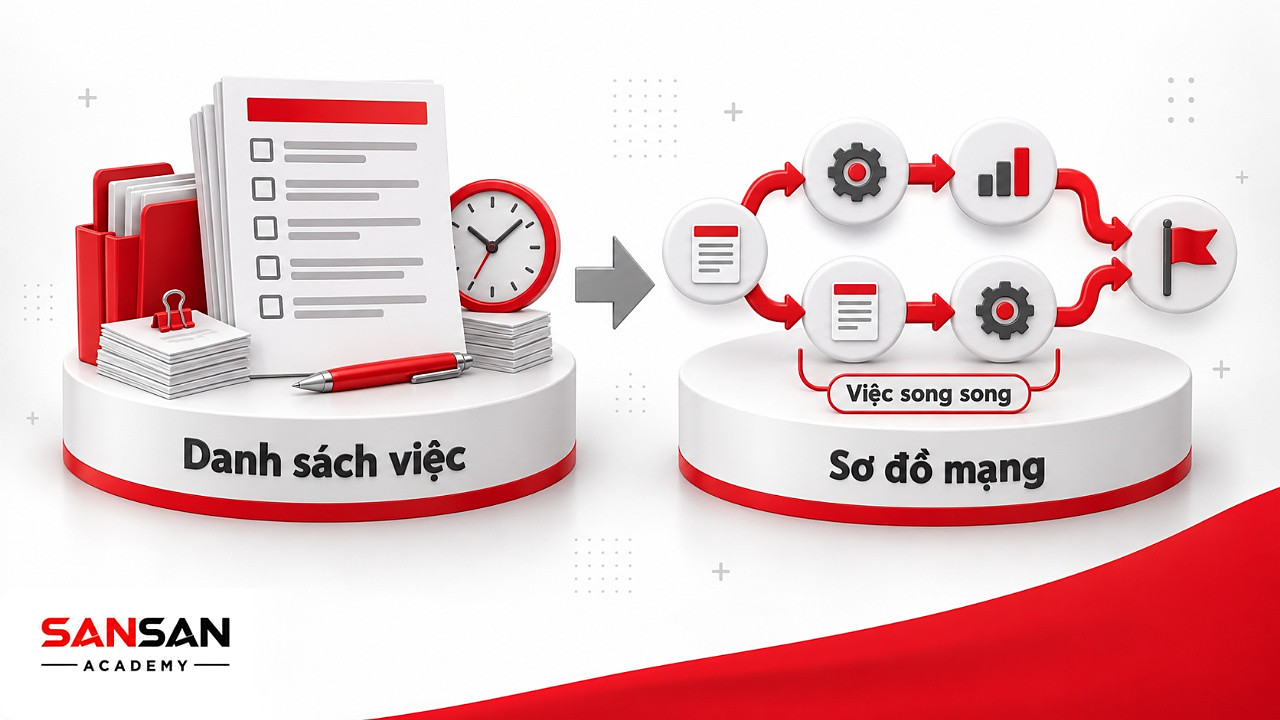 Trước và sau khi lập sơ đồ PERT: danh sách việc rời rạc thành mạng nút có hai nhánh song song và cờ mốc