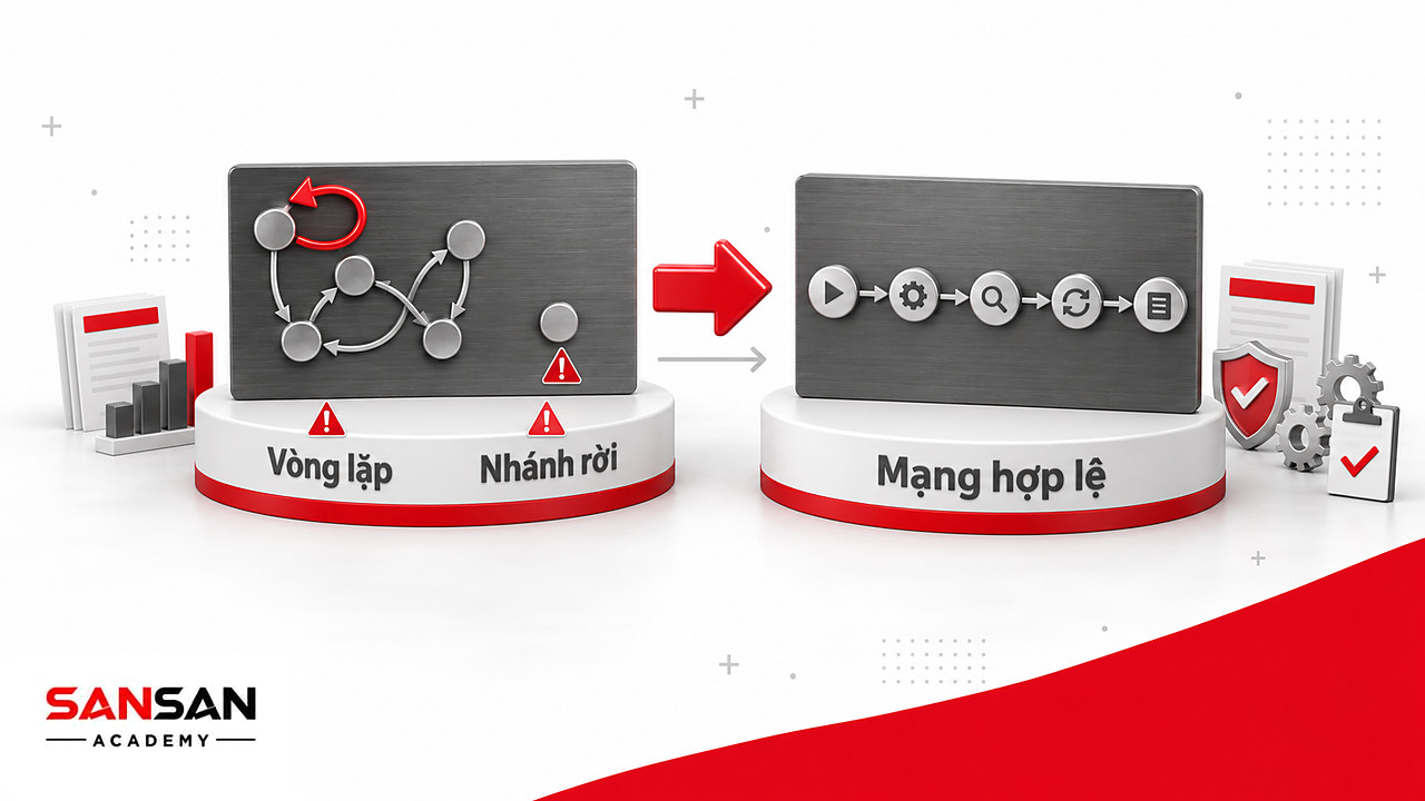 Trước và sau khi rà sơ đồ PERT: mạng có vòng lặp, nút rời thành mạng một chiều có việc làm lại riêng