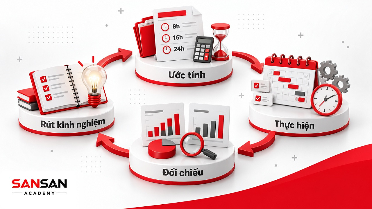 Vòng tròn ước tính, thực hiện, đối chiếu kế hoạch với thực tế và rút kinh nghiệm cho sơ đồ PERT lần sau