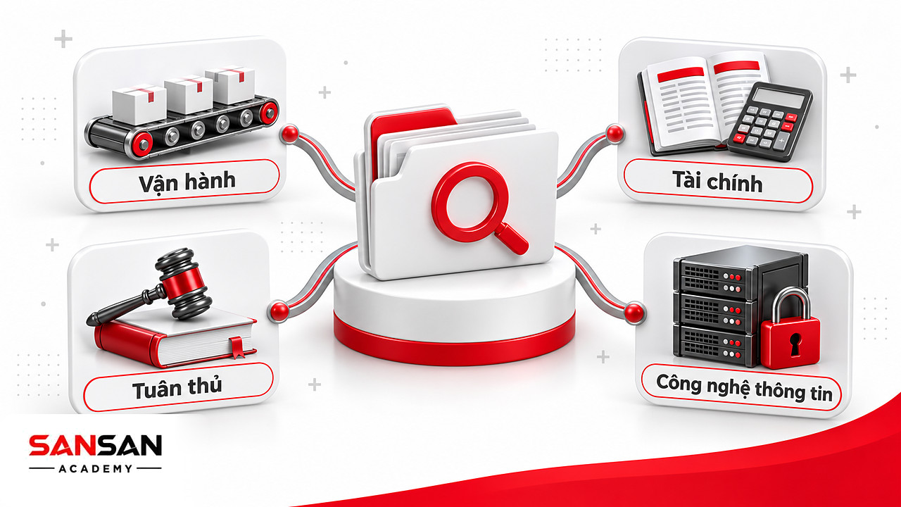 Sơ đồ tư duy bốn mảng phạm vi kiểm toán nội bộ gồm vận hành, tài chính, tuân thủ và công nghệ thông tin