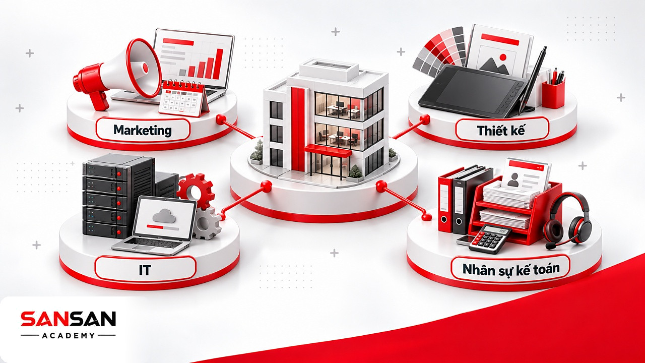 Sơ đồ tư duy các chức năng triển khai mô hình inhouse gồm Marketing, thiết kế, IT, nhân sự và kế toán