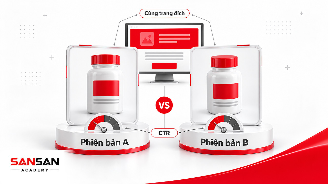Hai phiên bản Key Visual A và B đặt cạnh nhau, cùng trỏ về một trang đích để so CTR