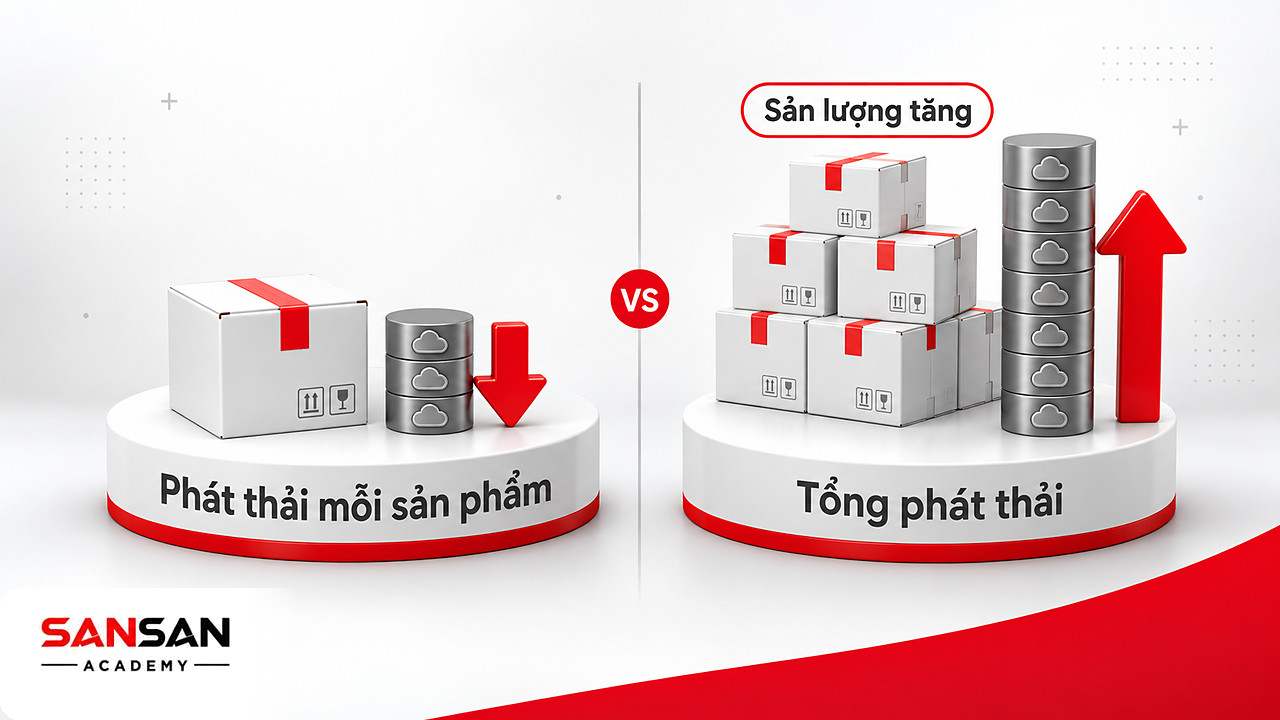 So sánh phát thải trên mỗi sản phẩm giảm với tổng phát thải tăng khi sản lượng mở rộng trong chuỗi cung ứng xanh