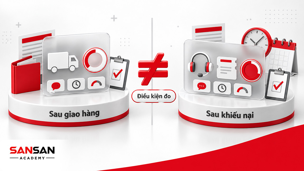 Hai thẻ khảo sát CSAT sau giao hàng và sau khiếu nại có tỷ lệ khác nhau, ngăn bởi dấu khác đỏ