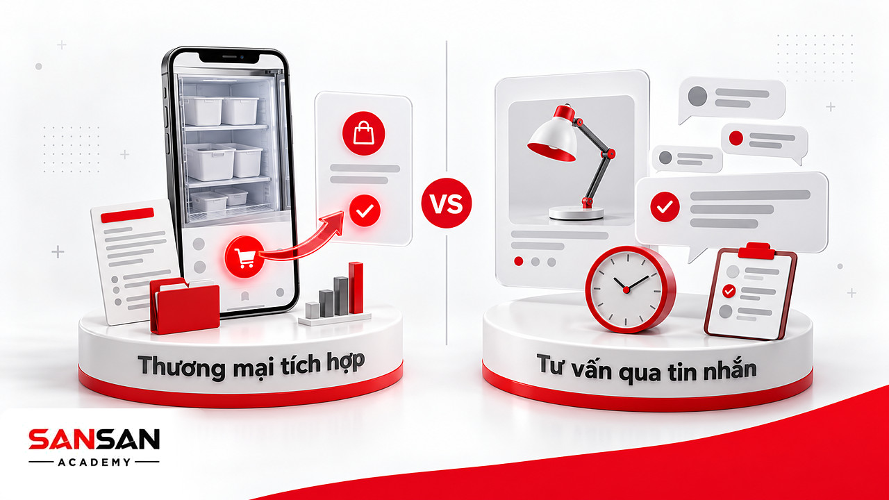 So sánh bán đồ gia dụng qua cửa hàng tích hợp và bán đèn trang trí qua tin nhắn trong Social Commerce