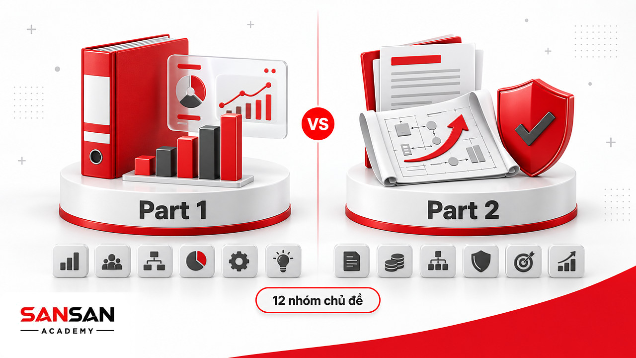 So sánh hai phần thi CMA: Part 1 về lập kế hoạch và phân tích, Part 2 về quản trị tài chính