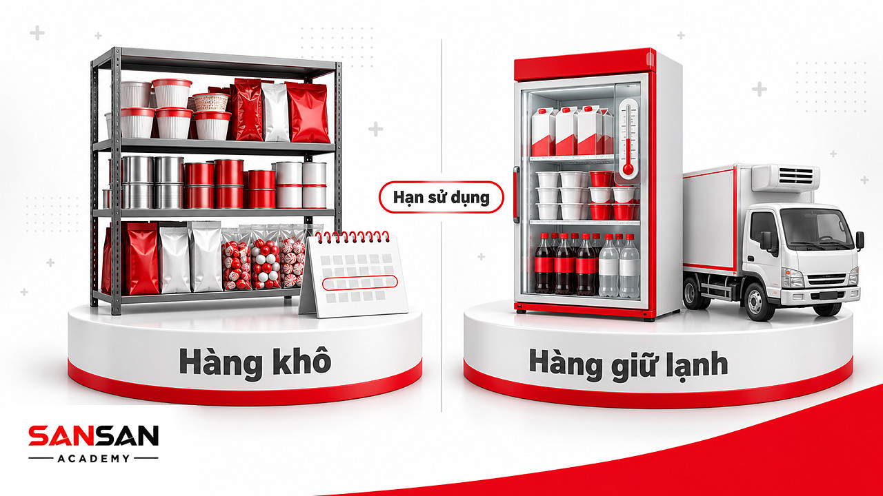 Kệ mì ăn liền, đồ hộp, cà phê bên trái và tủ lạnh sữa, nước ngọt bên phải trong nhóm FMCG thực phẩm