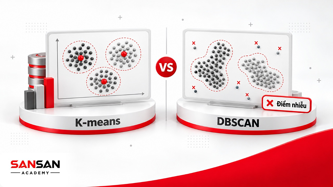 So sánh K-means với tâm cụm và DBSCAN với vùng mật độ cùng điểm nhiễu trong Unsupervised Learning