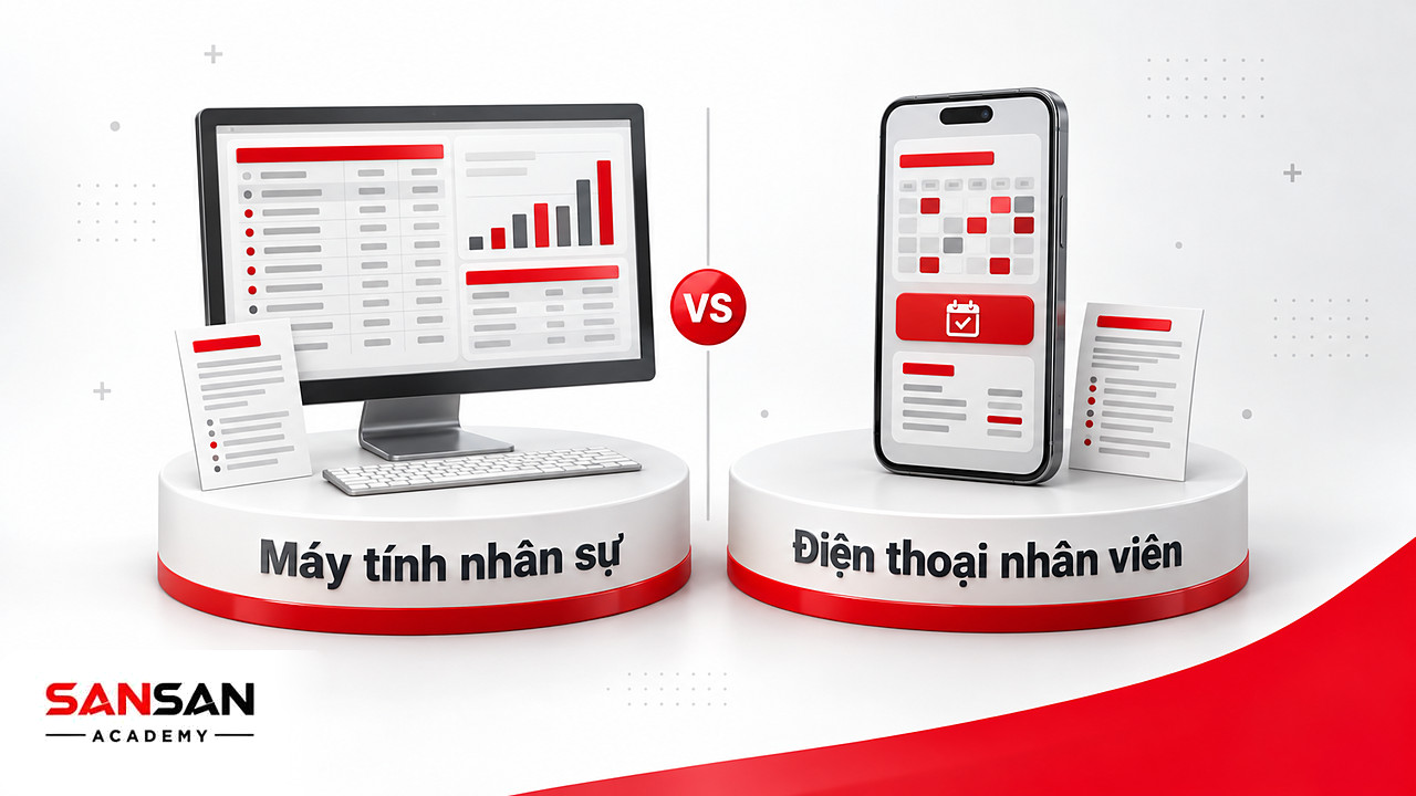 So sánh màn hình máy tính lập báo cáo với điện thoại xem lịch và gửi đơn trong phần mềm nhân sự