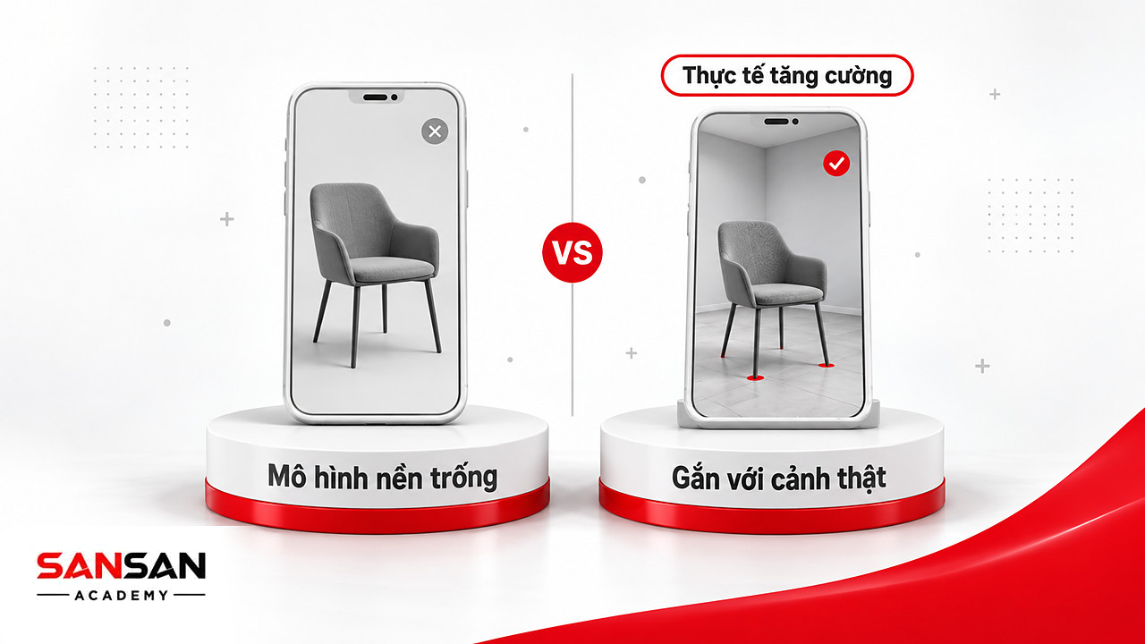 So sánh mô hình 3D trên nền trống với ghế ảo đặt trên sàn thật qua camera, khác biệt cốt lõi của AR